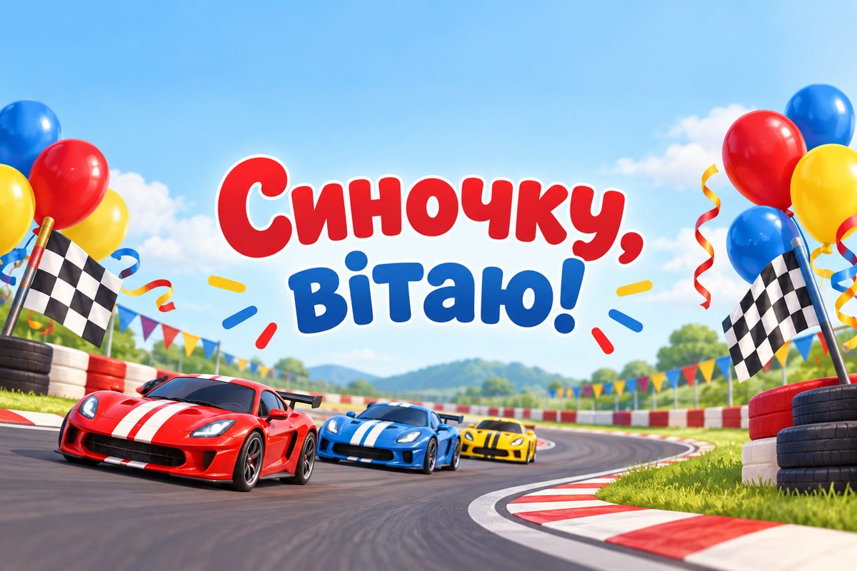 Листівка з днем народження сину: іграшкові машинки на трасі, напис «Синочку, вітаю!»