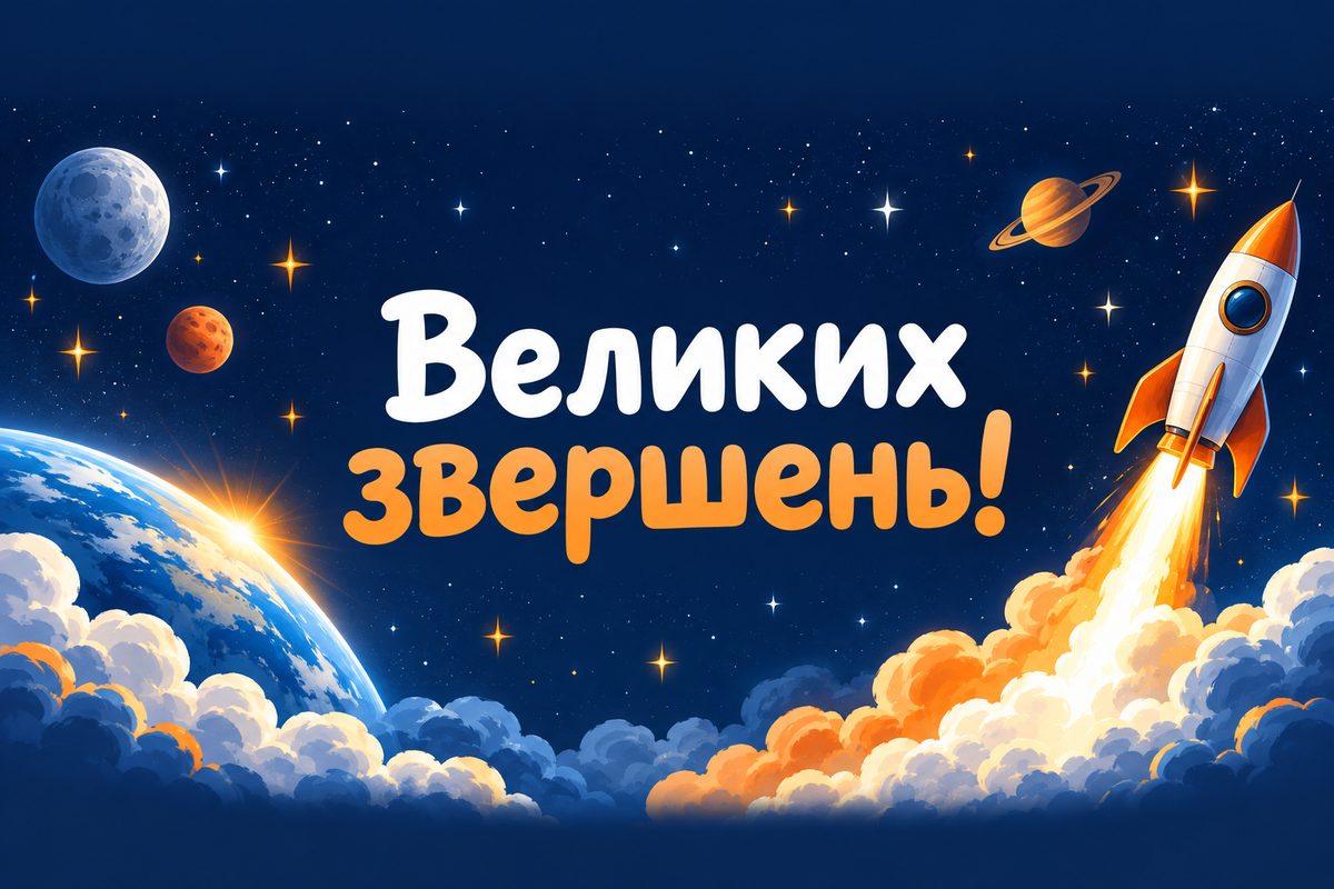 Листівка з днем народження сину: ракета в зоряному небі, напис «Великих звершень!»