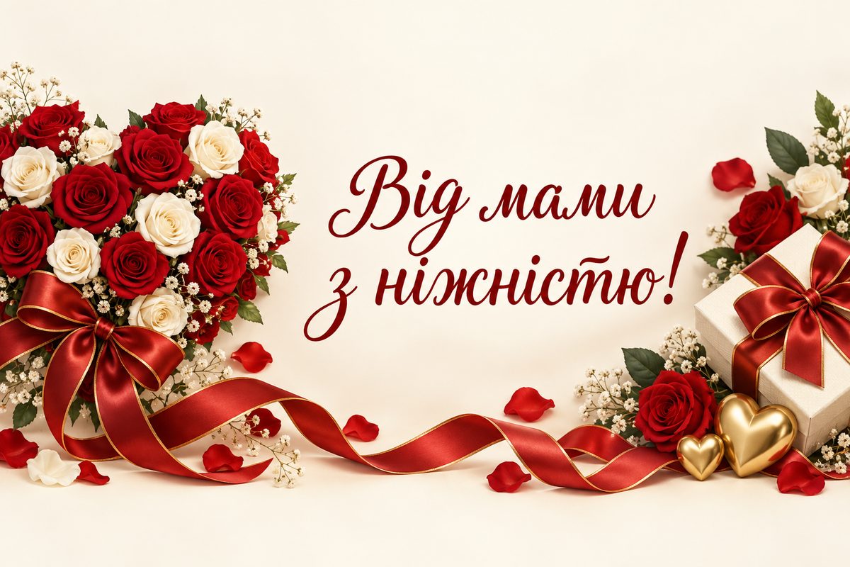 Листівка з днем народження сину: серце з червоних і білих троянд, напис «Від мами з ніжністю!»