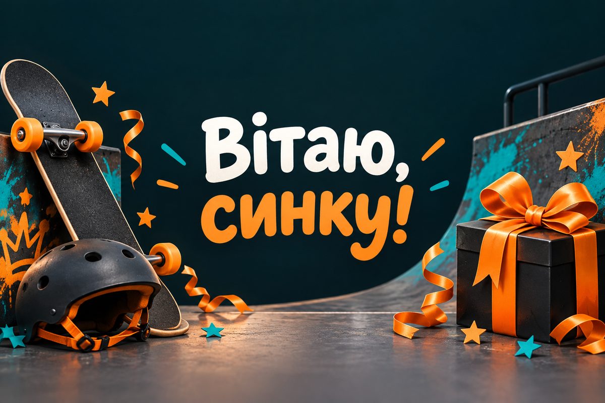 Листівка з днем народження сину: скейтборд, шолом і подарунок, напис «Вітаю, синку!»