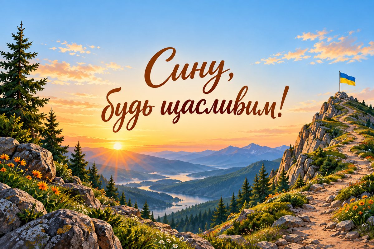 Листівка з днем народження сину: гірська стежка на світанку, напис «Сину, будь щасливим!»