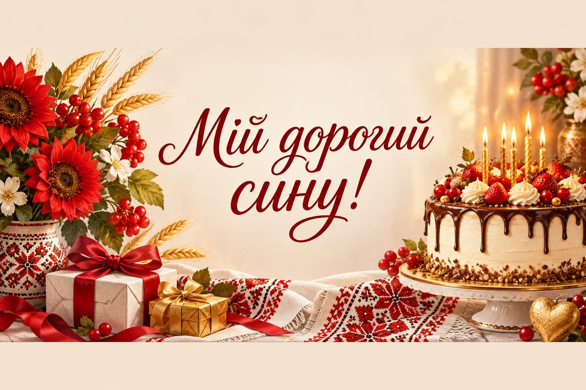 Листівка з днем народження сину: торт на вишитому рушнику, напис «Мій дорогий сину!»