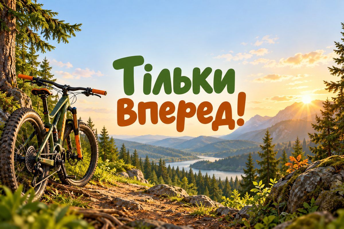 Листівка з днем народження сину: гірський велосипед у лісі, напис «Тільки вперед!»