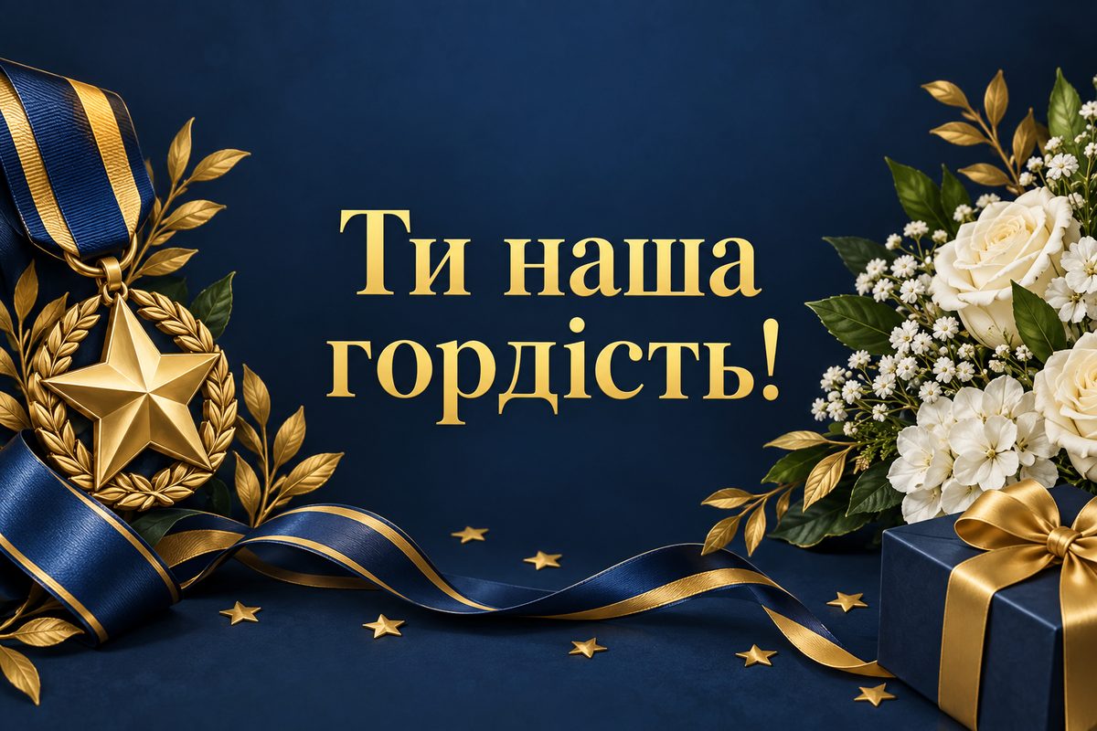 Листівка з днем народження сину: золота медаль-зірка й букет, напис «Ти наша гордість!»