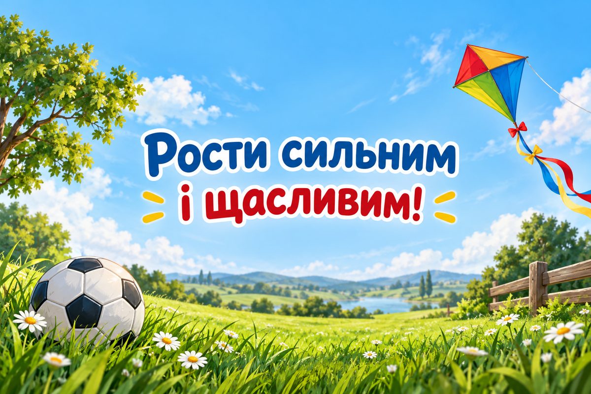 Листівка з днем народження сину: повітряний змій і мʼяч на лузі, напис «Рости сильним і щасливим!»