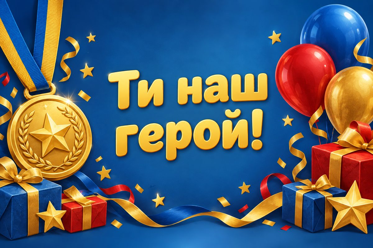 Листівка з днем народження сину: золота медаль на синьо-жовтій стрічці й кульки, напис «Ти наш герой!»