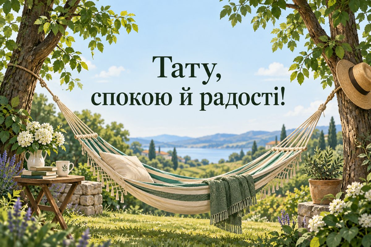 Листівка з днем народження татові: гамак між деревами в літньому саду, напис «Тату, спокою й радості!»