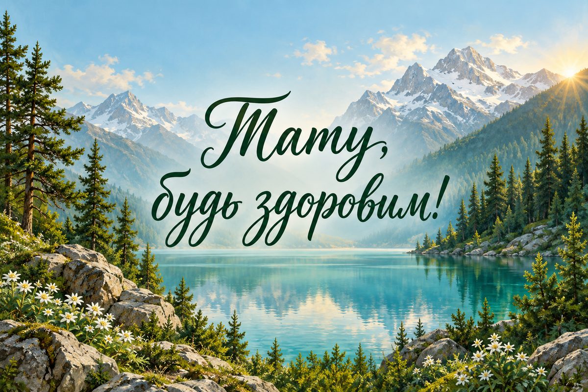 Листівка з днем народження татові: гірське озеро із соснами вранці, напис «Тату, будь здоровим!»