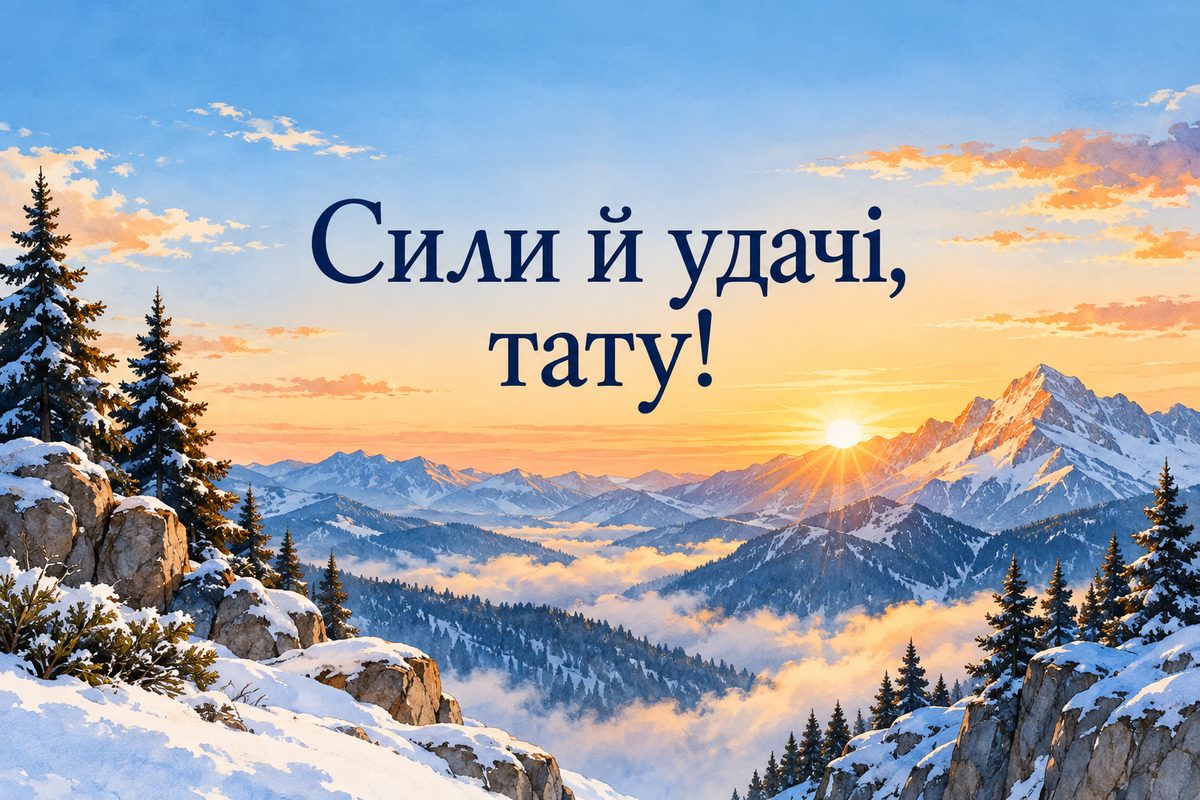 Листівка з днем народження татові: засніжені вершини гір на світанку, напис «Сили й удачі, тату!»