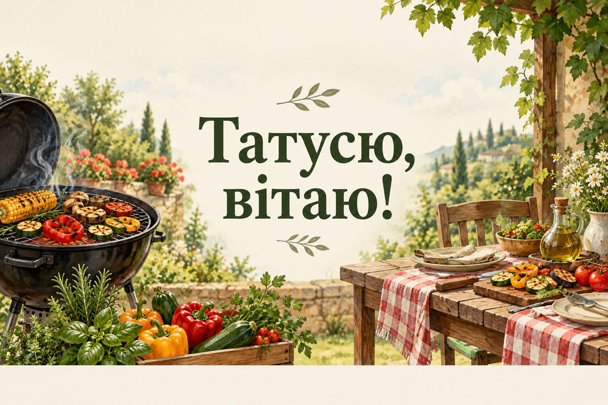 Листівка з днем народження татові: гриль з овочами й стіл для пікніка, напис «Татусю, вітаю!»