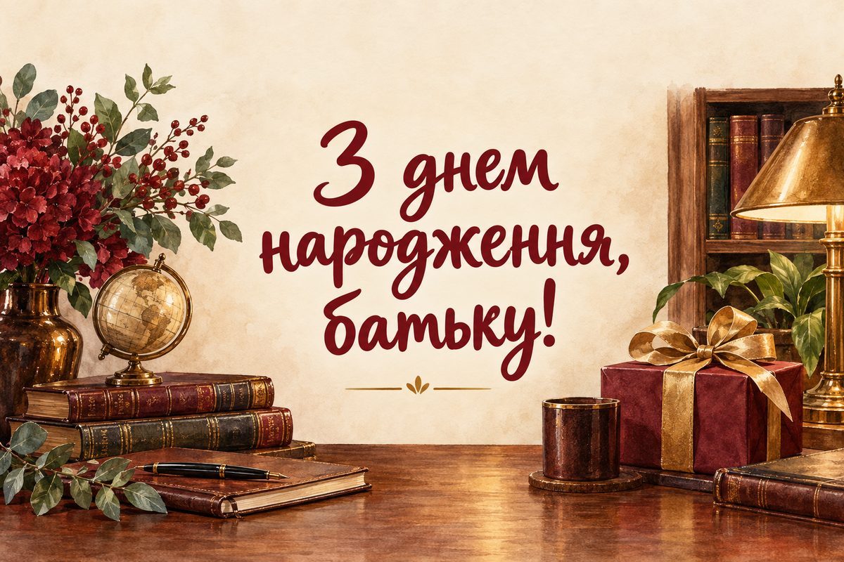 Листівка з днем народження татові: затишний кабінет із книгами, лампою й подарунком, напис «З днем народження, батьку!»
