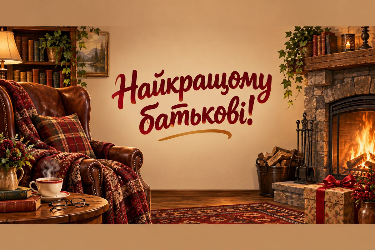 Листівка з днем народження татові: камін, крісло й чашка чаю, напис «Найкращому батькові!»