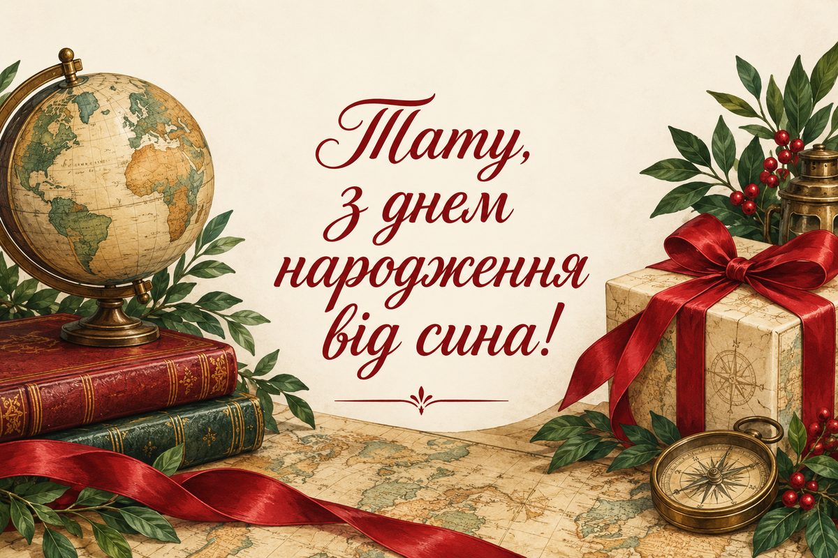 Листівка з днем народження татові: книга, глобус і подарунок на старій мапі, напис «Тату, з днем народження від сина!»
