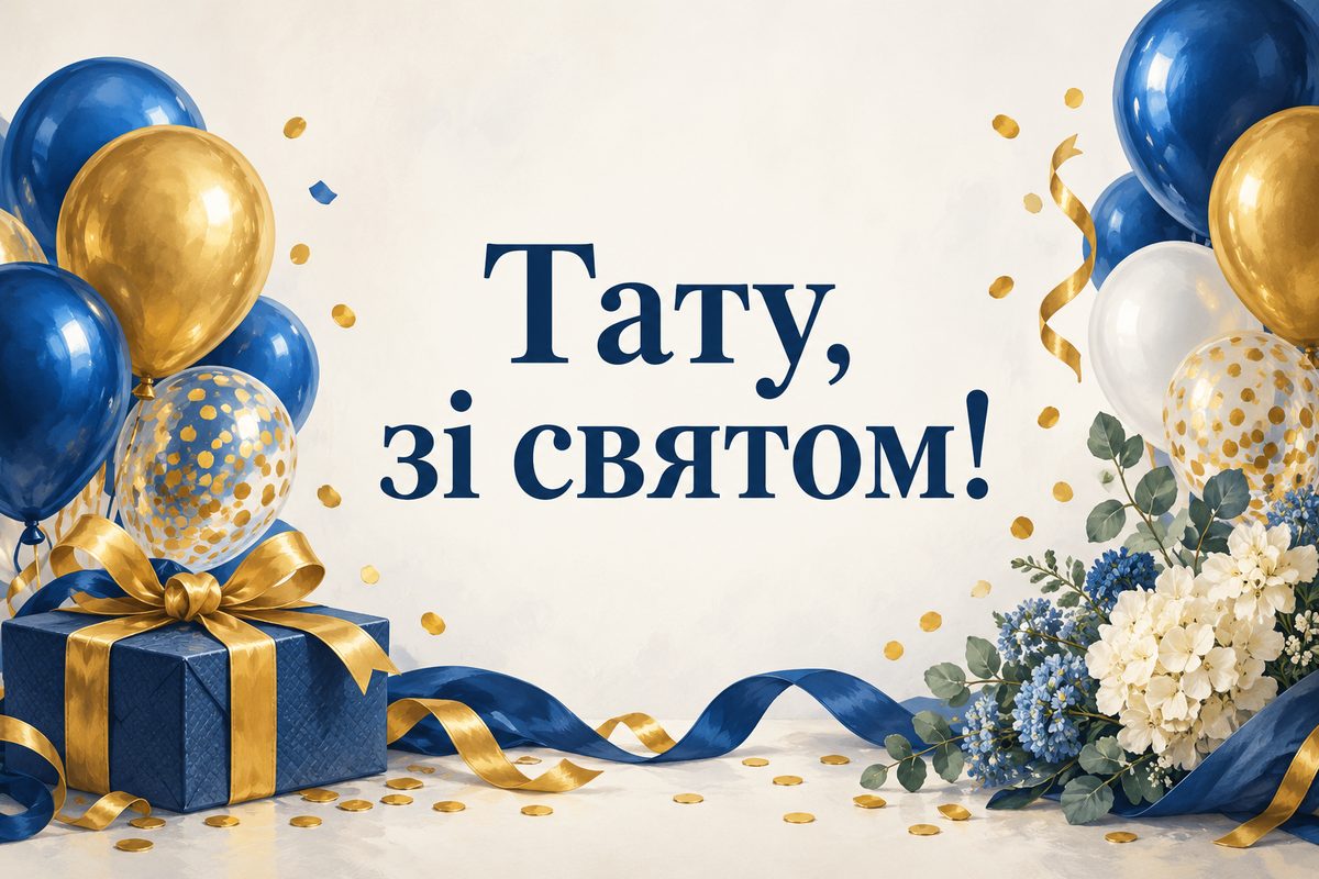 Листівка з днем народження татові: сині й золоті кульки, конфеті й подарунок, напис «Тату, зі святом!»