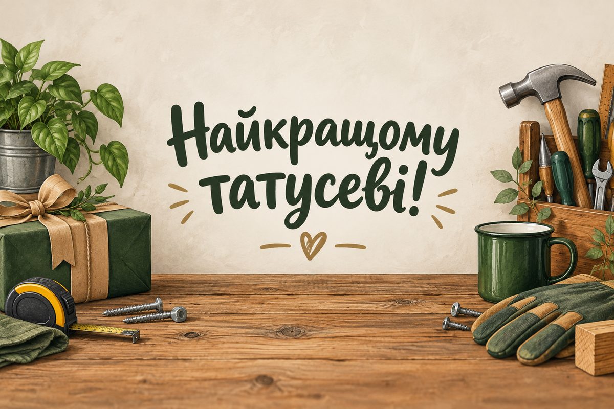 Листівка з днем народження татові: верстак з охайно розкладеними інструментами, напис «Найкращому татусеві!»