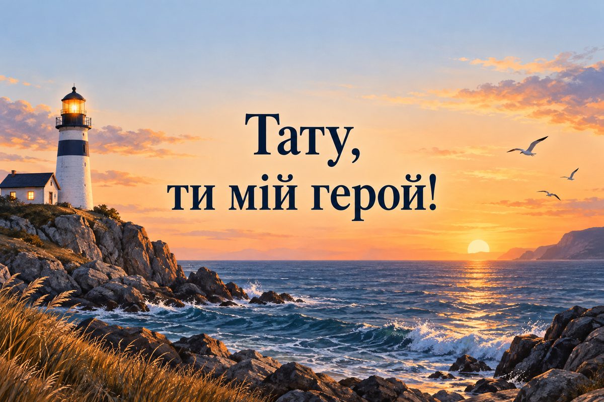 Листівка з днем народження татові: маяк на скелястому березі на заході сонця, напис «Тату, ти мій герой!»