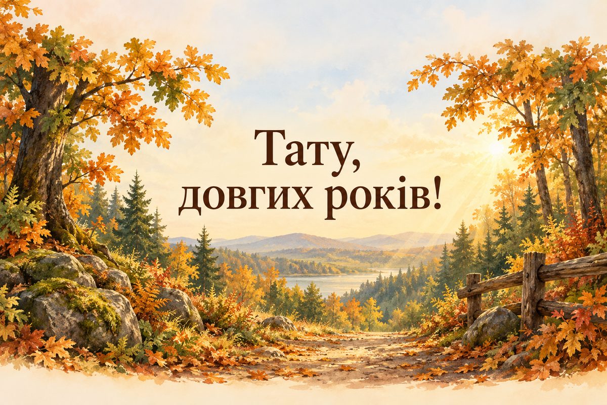 Листівка з днем народження татові: лісова стежка восени в променях сонця, напис «Тату, довгих років!»