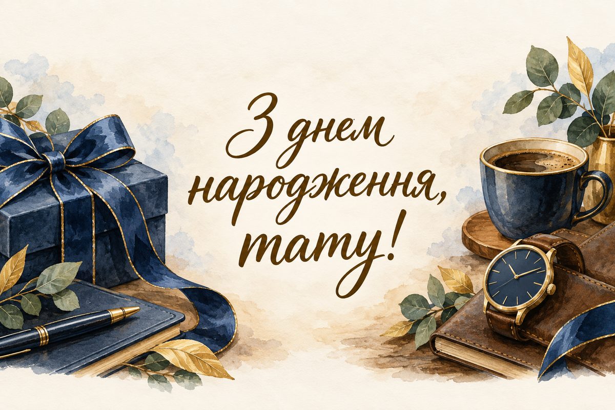 Листівка з днем народження татові: подарунок із синьою стрічкою, годинник і кава, напис «З днем народження, тату!»