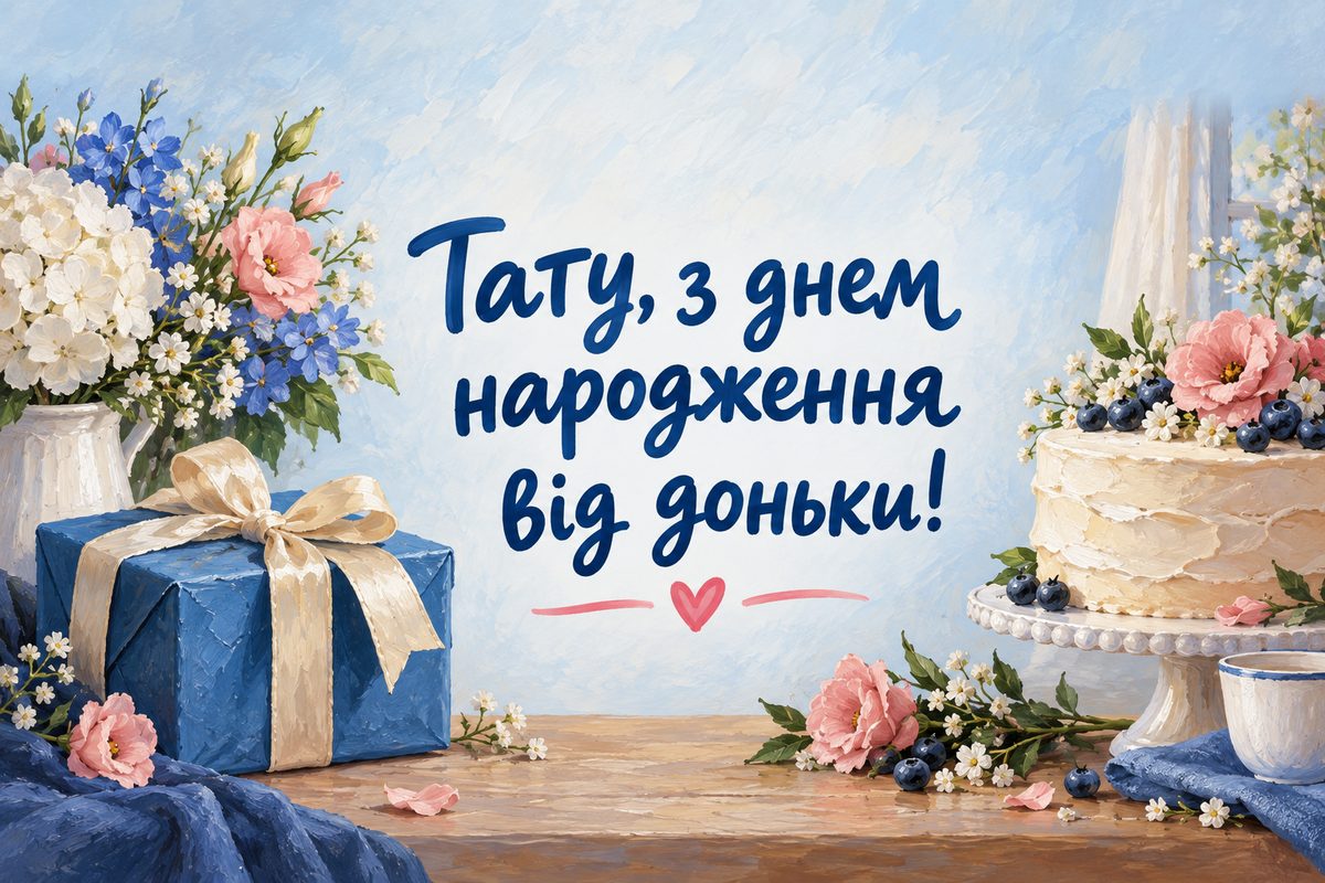 Листівка з днем народження татові: подарунок із бантом, торт і квіти, напис «Тату, з днем народження від доньки!»