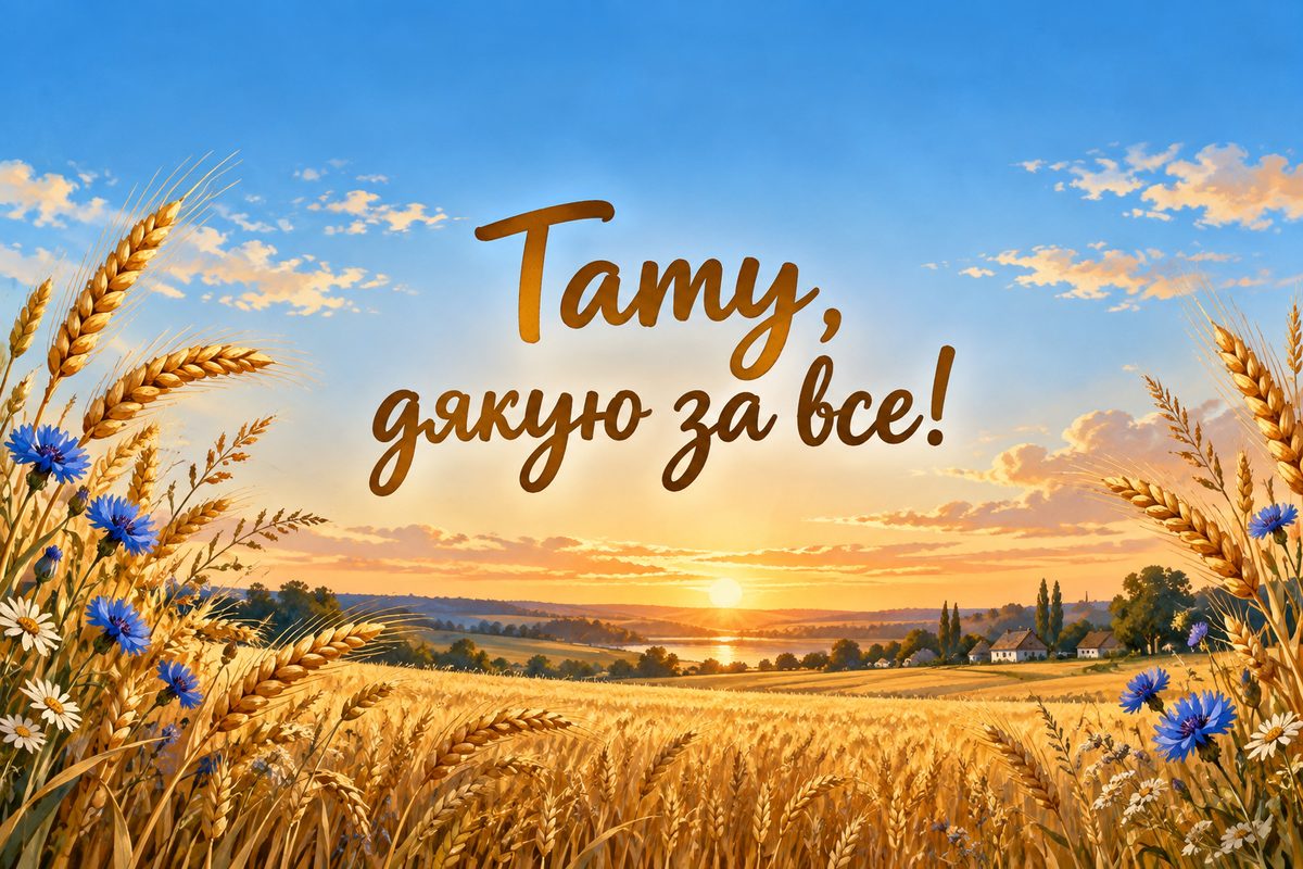Листівка з днем народження татові: пшеничне поле на заході сонця, напис «Тату, дякую за все!»