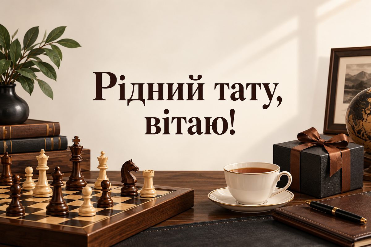 Листівка з днем народження татові: шахівниця, чай і подарунок, напис «Рідний тату, вітаю!»