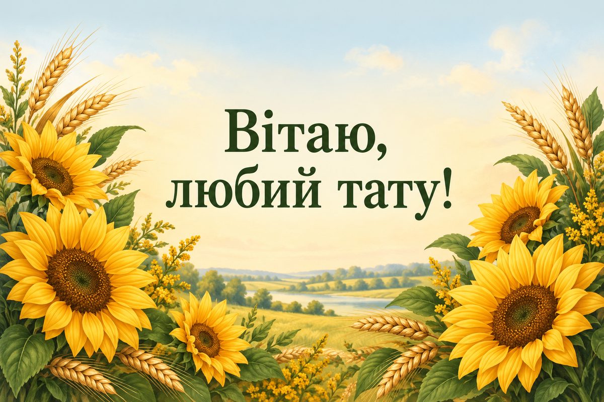 Листівка з днем народження татові: осінні соняшники й пшениця, напис «Вітаю, любий тату!»