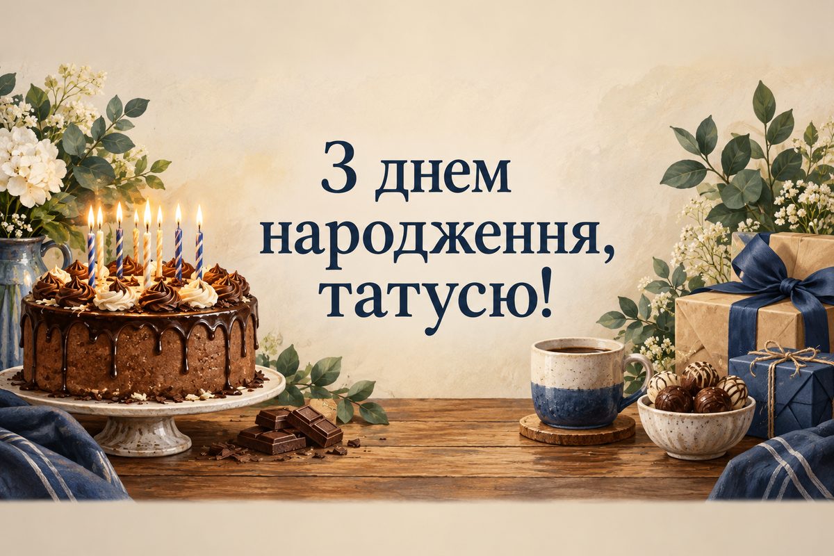Листівка з днем народження татові: класичний торт зі свічками на деревʼяному столі, напис «З днем народження, татусю!»