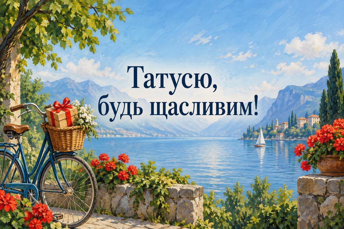 Листівка з днем народження татові: велосипед біля озера з подарунком у кошику, напис «Татусю, будь щасливим!»