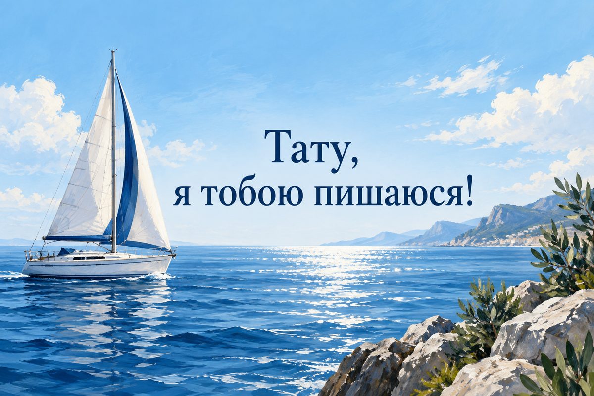 Листівка з днем народження татові: вітрильник на спокійному морі, напис «Тату, я тобою пишаюся!»