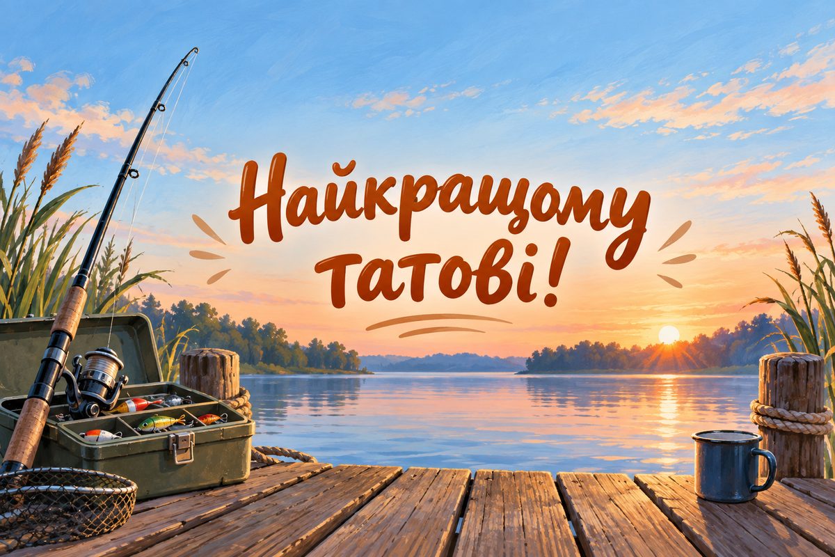 Листівка з днем народження татові: вудка й ящик для снастей на причалі, напис «Найкращому татові!»