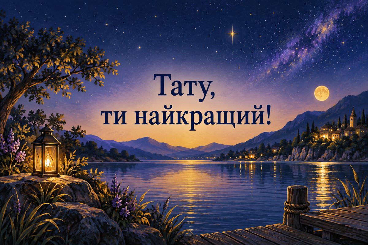 Листівка з днем народження татові: зоряне небо над тихою річкою, напис «Тату, ти найкращий!»