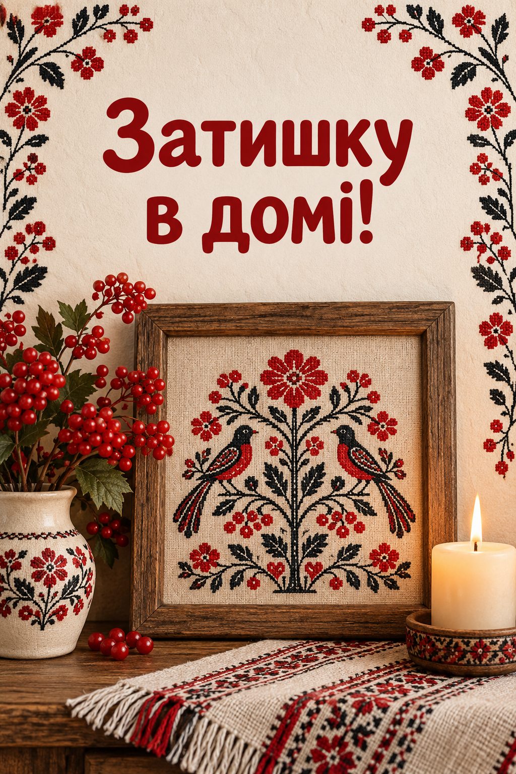 Листівка з днем народження в українському стилі: вишите дерево життя з пташками, напис «Затишку в домі!»
