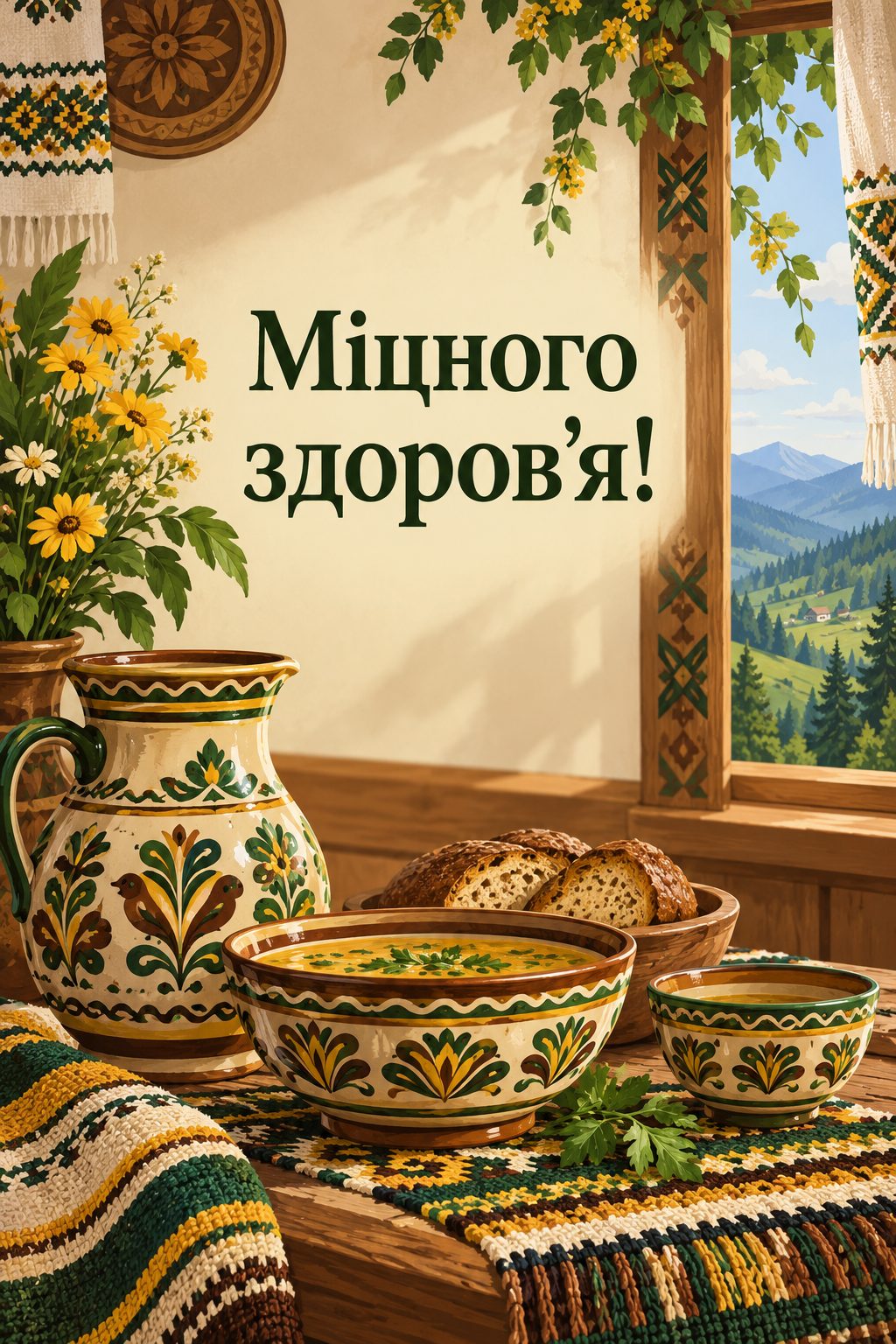 Листівка з днем народження в українському стилі: гуцульська кераміка на ліжнику, за вікном гори, напис «Міцного здоров'я!»