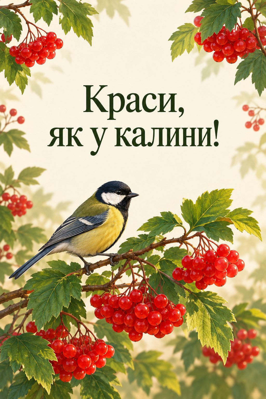 Листівка з днем народження в українському стилі: гілка калини з пташкою, напис «Краси, як у калини!»