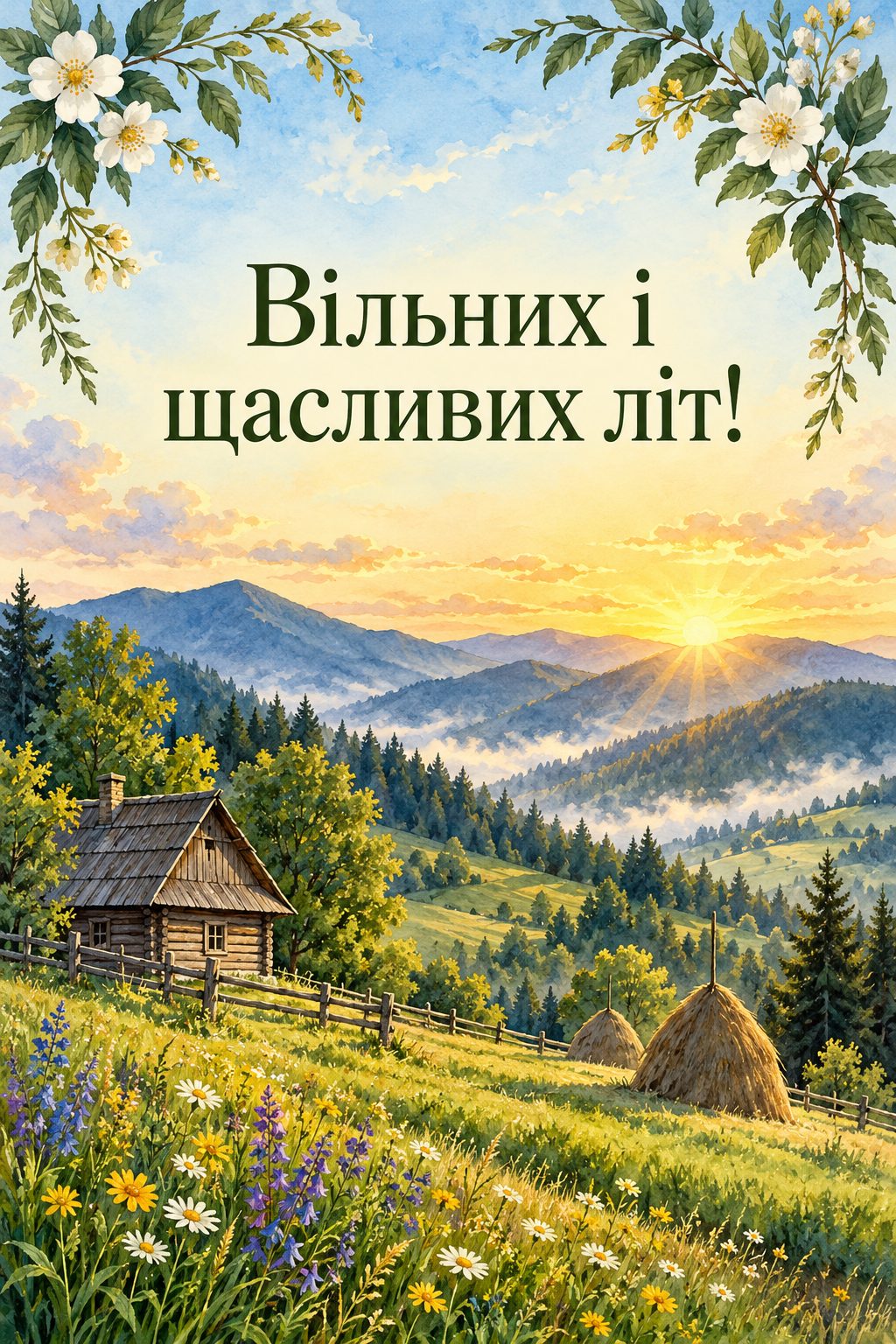 Листівка з днем народження в українському стилі: Карпати на світанку, колиба й копиці, напис «Вільних і щасливих літ!»
