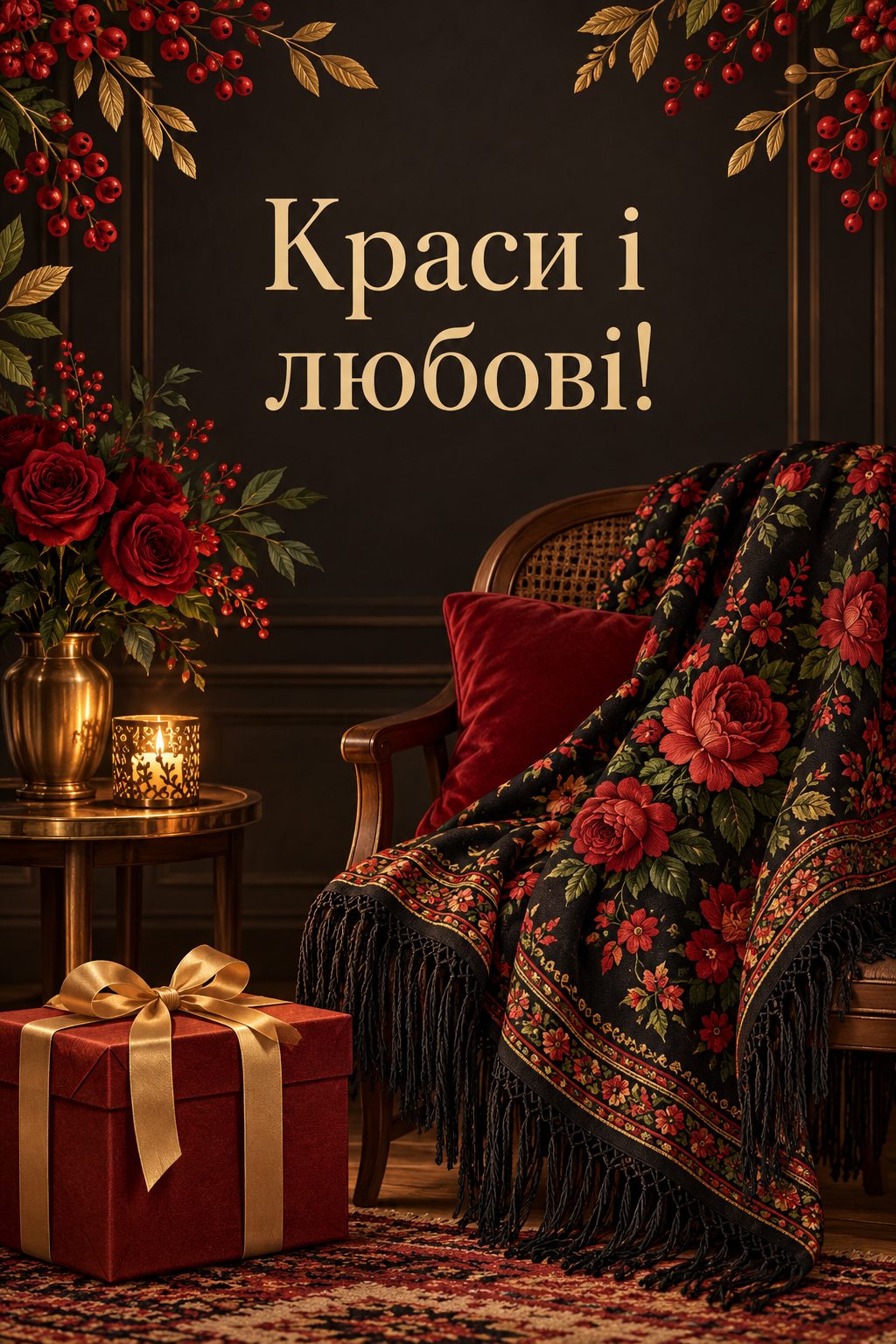 Листівка з днем народження в українському стилі: квітчаста хустка на стільці й подарунок, напис «Краси і любові!»