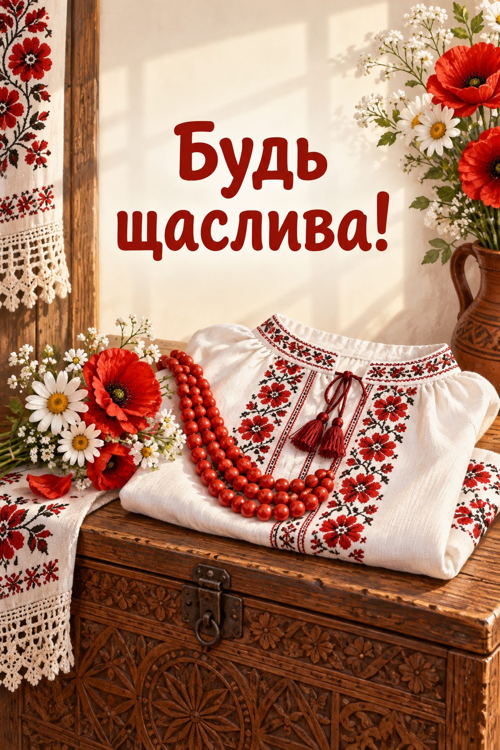 Листівка з днем народження в українському стилі: коралове намисто й вишиванка на різьбленій скрині, напис «Будь щаслива!»