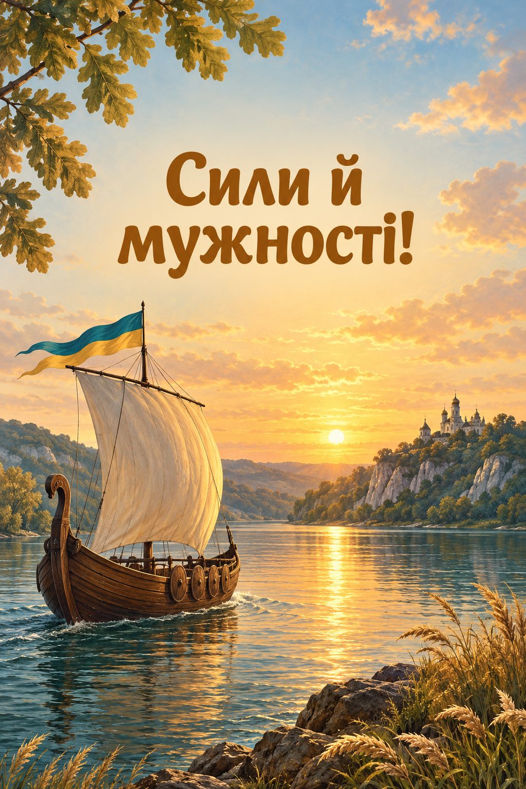Листівка з днем народження в українському стилі: козацька чайка на річці на світанку, напис «Сили й мужності!»