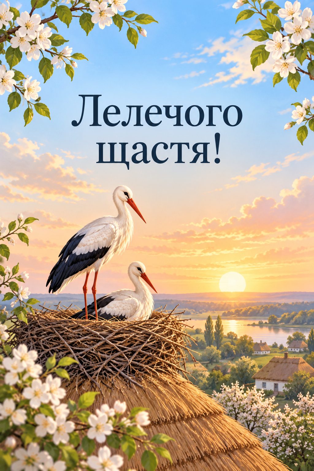 Листівка з днем народження в українському стилі: два лелеки в гнізді на стрісі, напис «Лелечого щастя!»