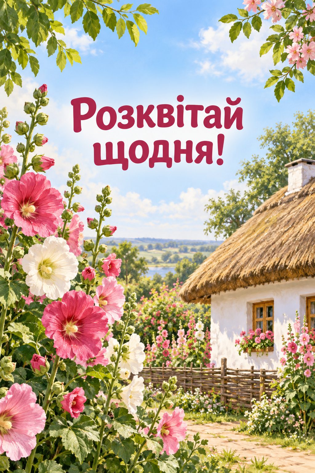 Листівка з днем народження в українському стилі: мальви біля білої хати під стріхою, напис «Розквітай щодня!»