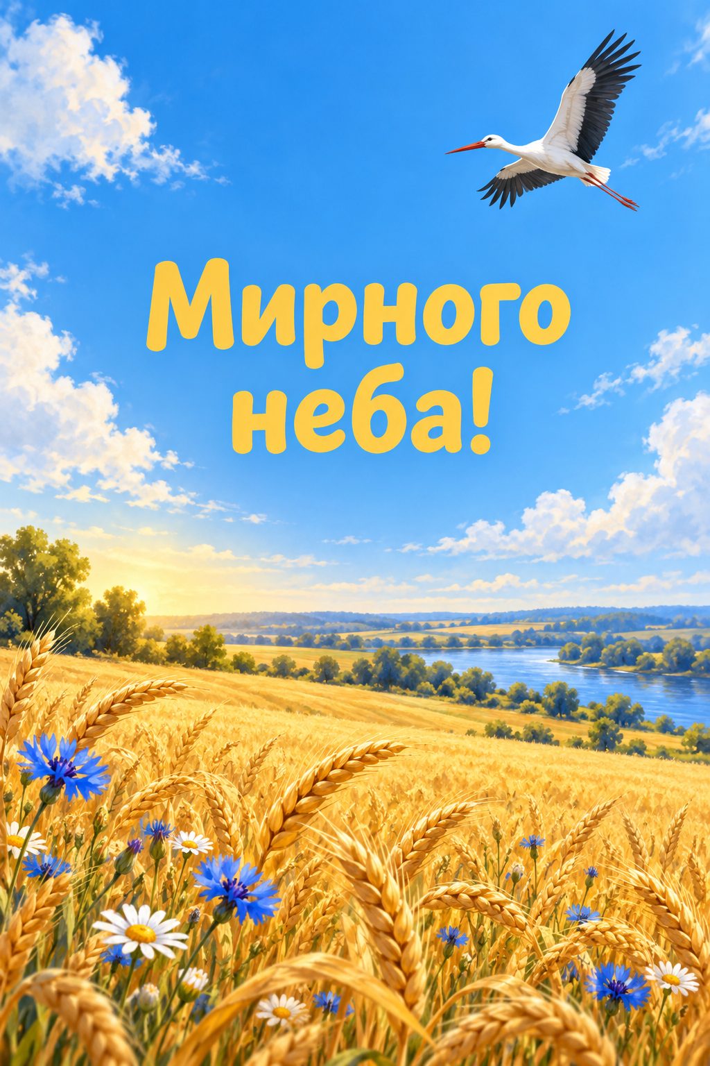 Листівка з днем народження в українському стилі: пшеничне поле під синім небом і лелека, напис «Мирного неба!»