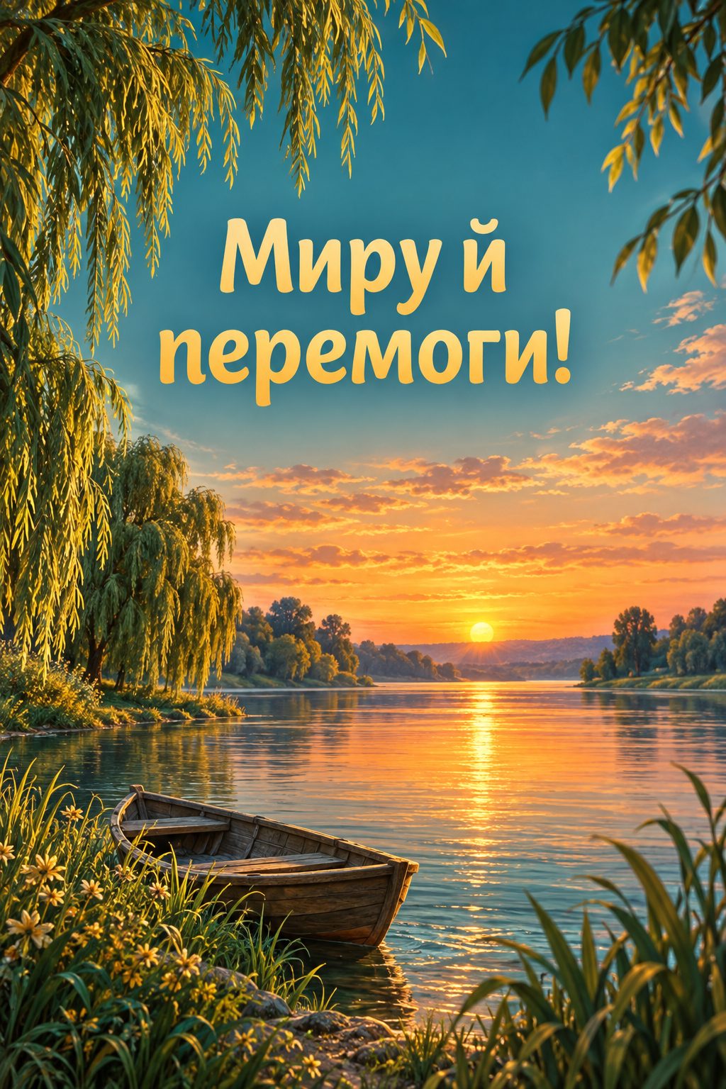 Листівка з днем народження в українському стилі: широка річка з вербами й човен на заході сонця, напис «Миру й перемоги!»