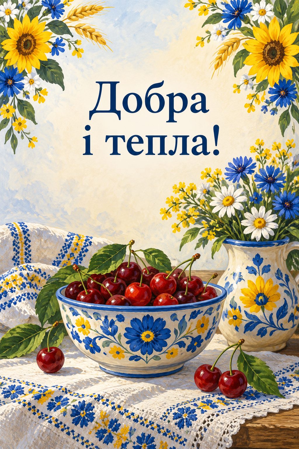 Листівка з днем народження в українському стилі: розписана тарілка на вишитій скатертині й вишні, напис «Добра і тепла!»