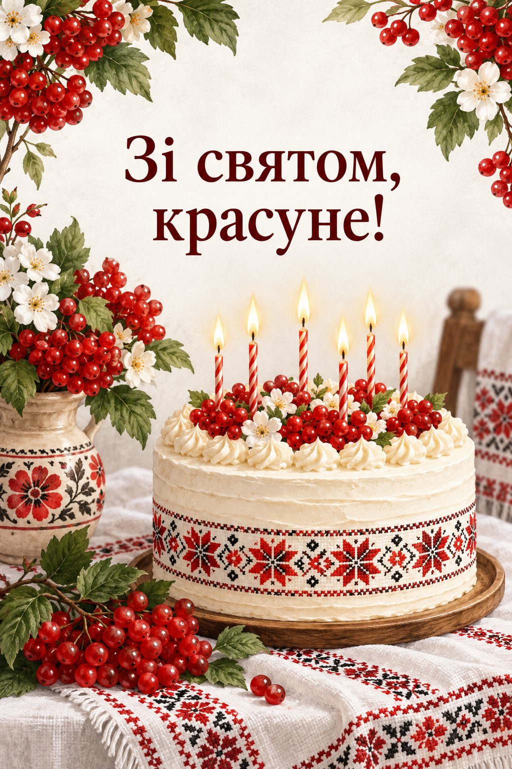 Листівка з днем народження в українському стилі: святковий торт на вишитому рушнику й кетяг калини, напис «Зі святом, красуне!»