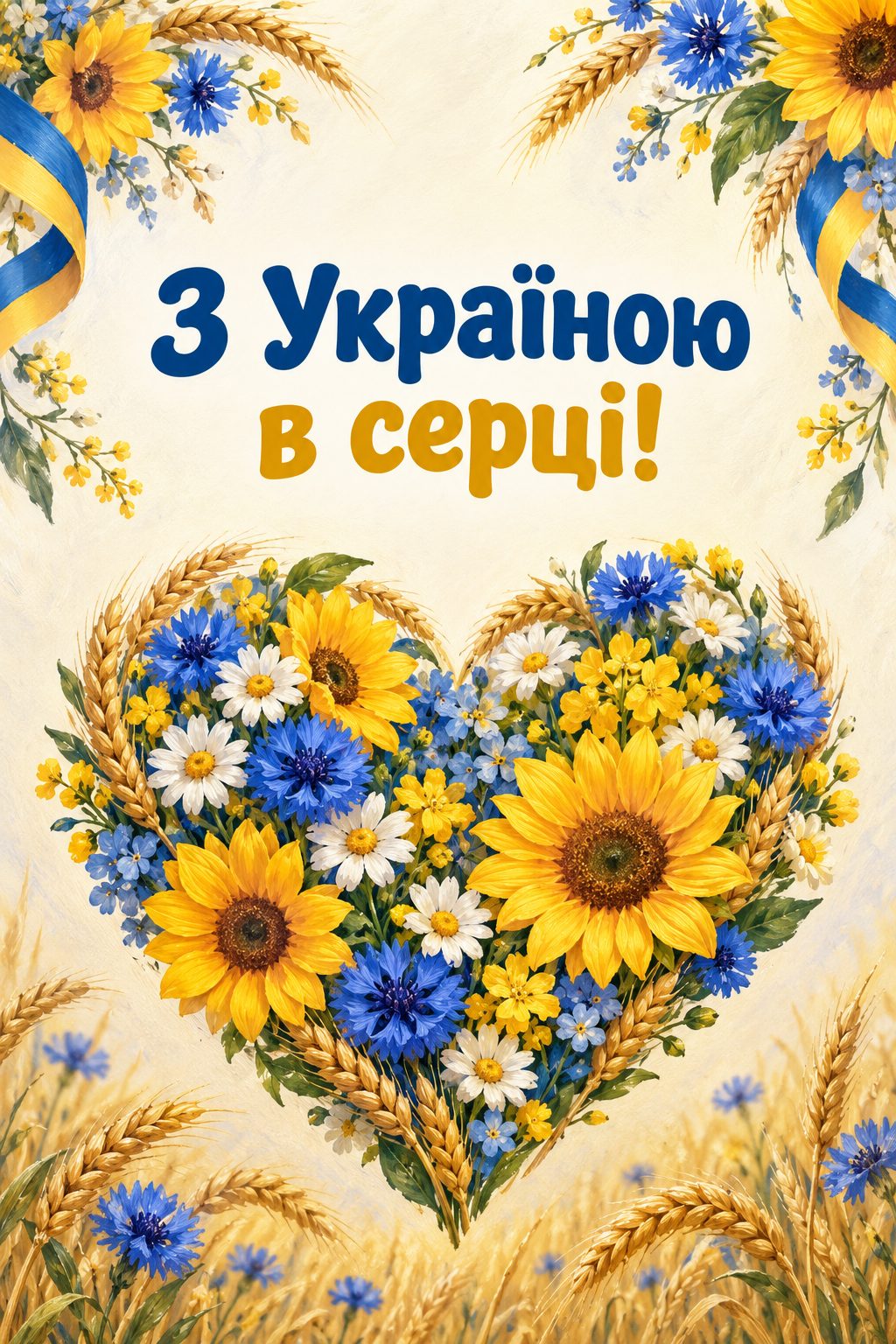 Листівка з днем народження в українському стилі: серце з жовтих і синіх квітів, напис «З Україною в серці!»