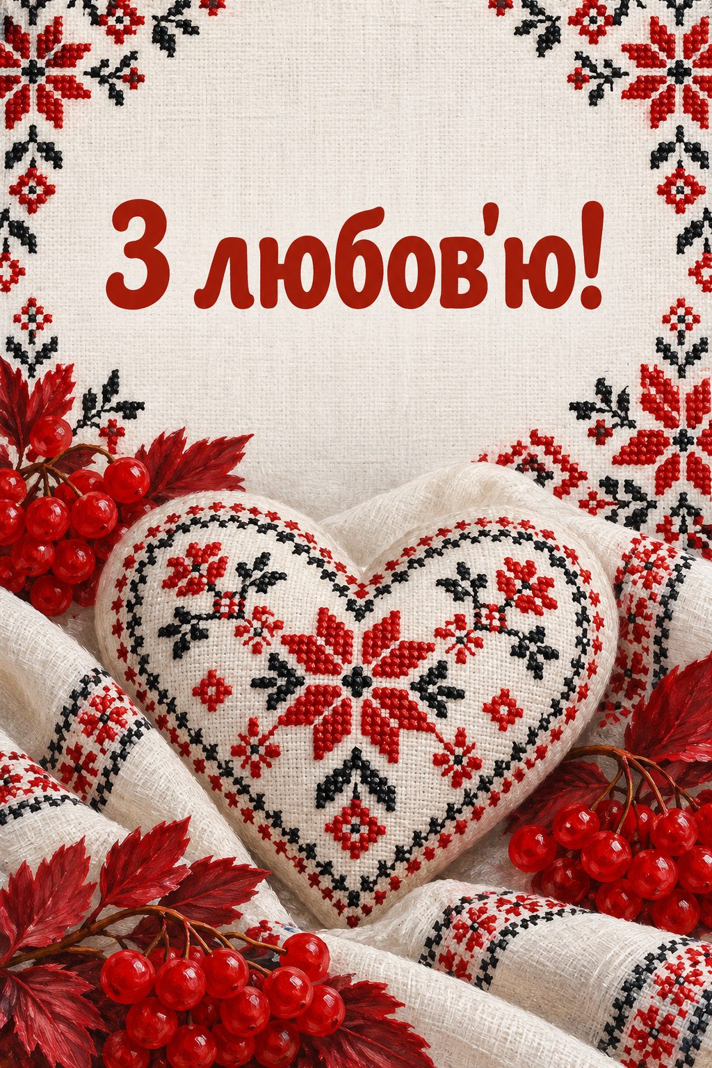 Листівка з днем народження в українському стилі: серце з вишитого орнаменту, напис «З любов'ю!»