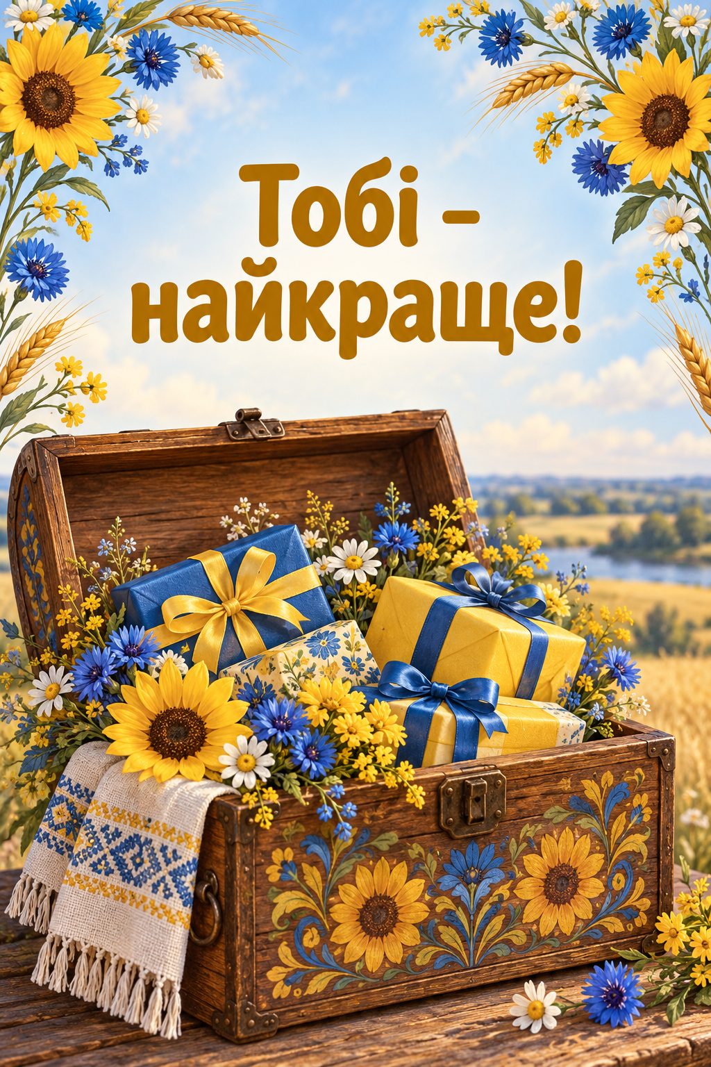 Листівка з днем народження в українському стилі: розписана скриня з подарунками й квітами, напис «Тобі - найкраще!»