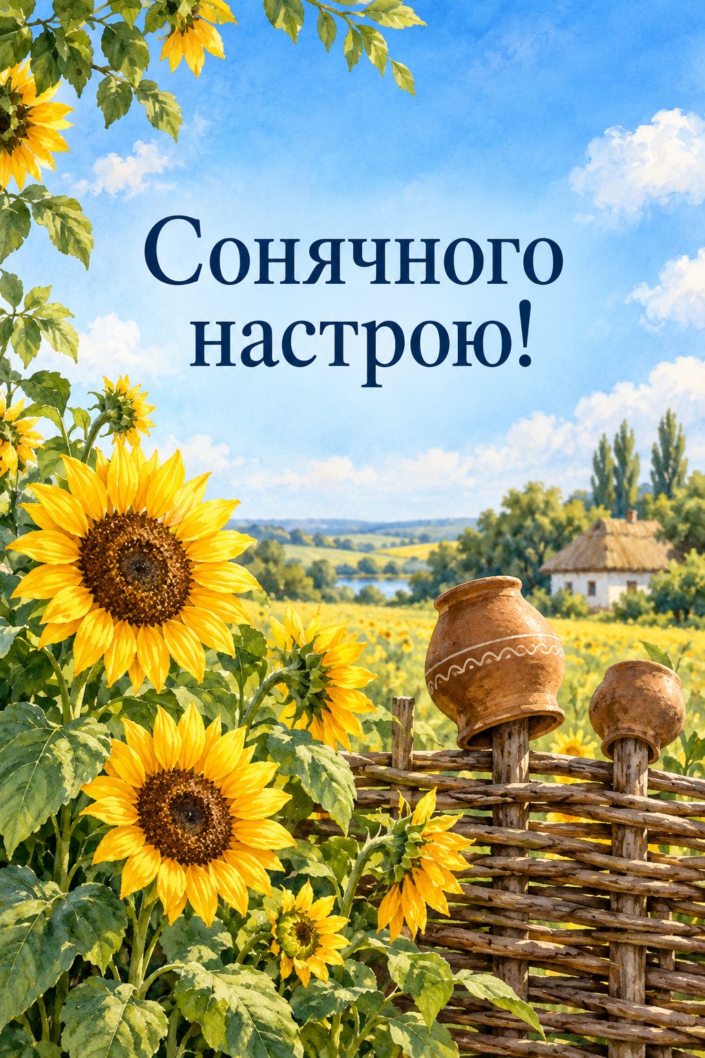 Листівка з днем народження в українському стилі: соняшники біля тину з глечиками, напис «Сонячного настрою!»