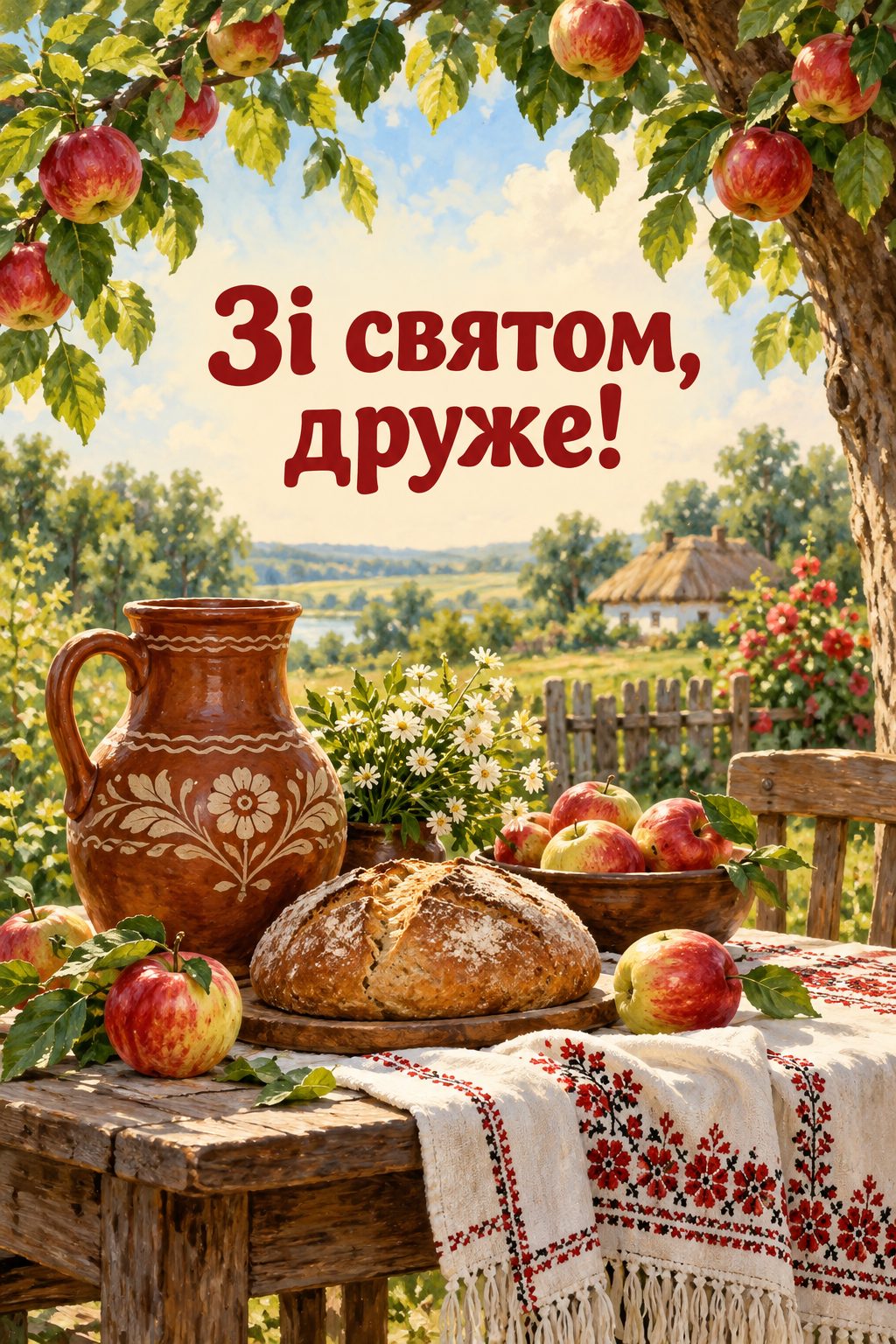 Листівка з днем народження в українському стилі: стіл під яблунею: глечик, хліб і яблука, напис «Зі святом, друже!»