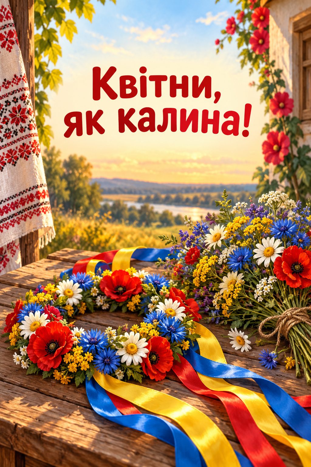 Листівка з днем народження в українському стилі: український вінок зі стрічками й букет польових квітів, напис «Квітни, як калина!»